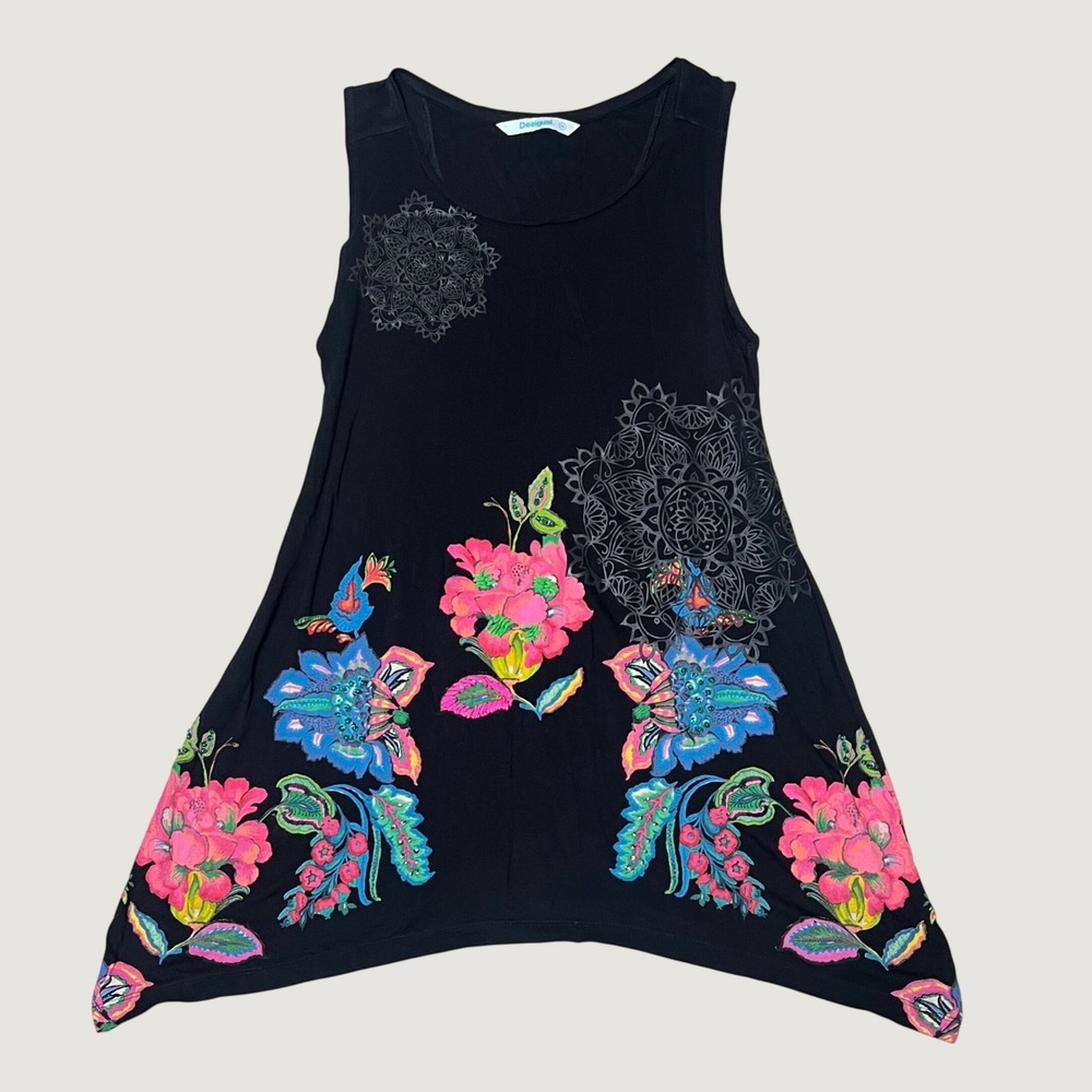 Desigual Tunic Tank Top Black Floral Mandala Sharkbite Hem Sequin Embroidered M